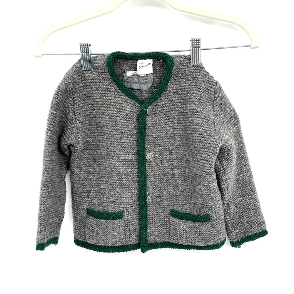 Austrian German trachten cardigan sweater 100% virgin wool grey green boy 104 4t